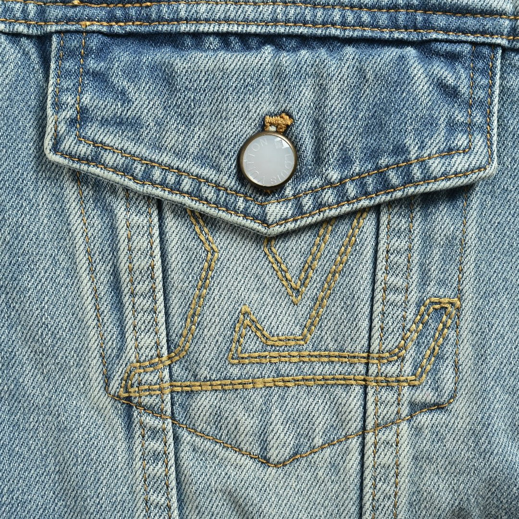 Louis Vuitton Light-Wash Denim Trucker Jacket with Embroidered Truck Motif