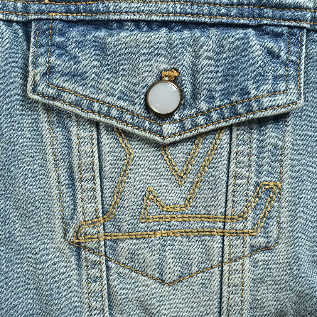 Louis Vuitton Light-Wash Denim Trucker Jacket with Embroidered Truck Motif