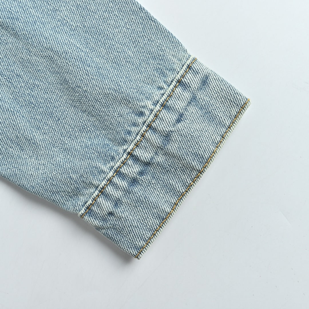 Louis Vuitton Light-Wash Denim Trucker Jacket with Embroidered Truck Motif