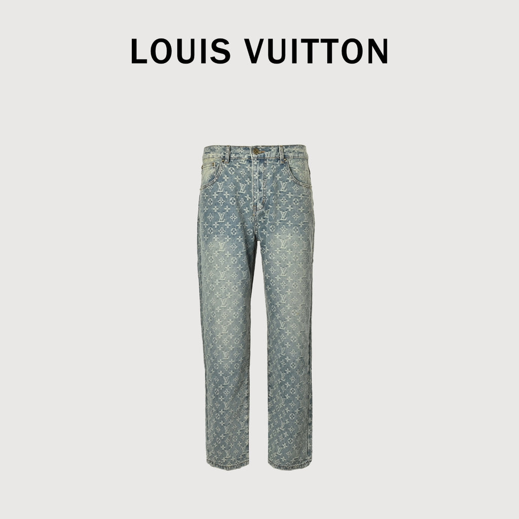 Louis Vuitton All-Over Jacquard Washed Denim Straight-Leg Jeans