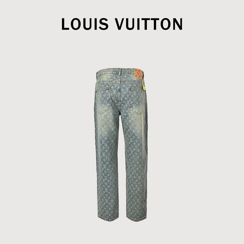 Louis Vuitton All-Over Jacquard Washed Denim Straight-Leg Jeans