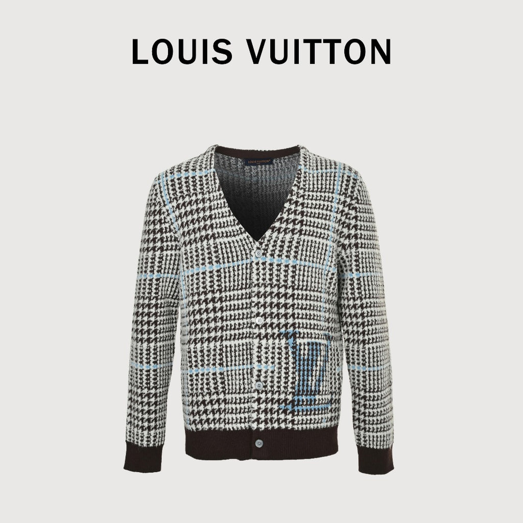 Louis Vuitton Black and White Houndstooth V-Neck Knit Cardigan