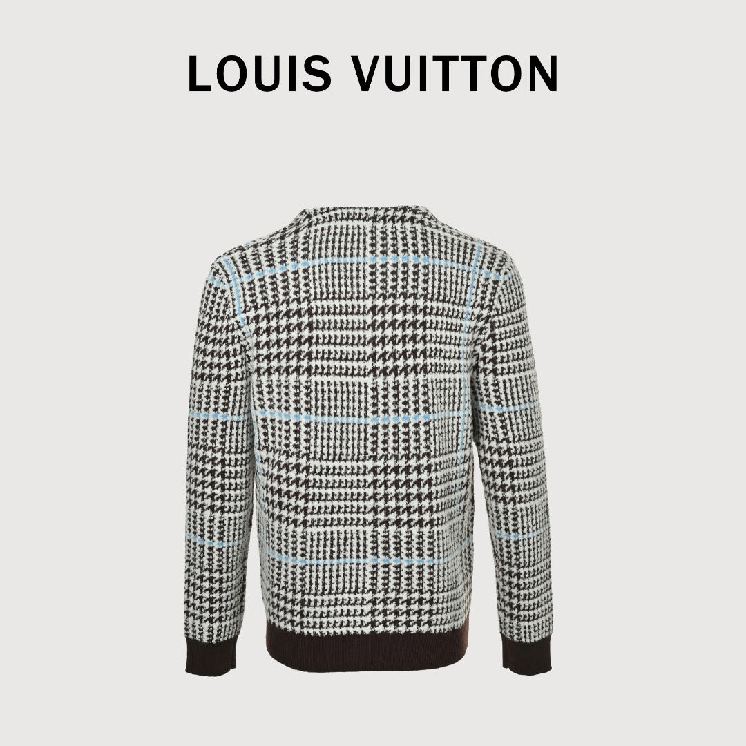 Louis Vuitton Black and White Houndstooth V-Neck Knit Cardigan