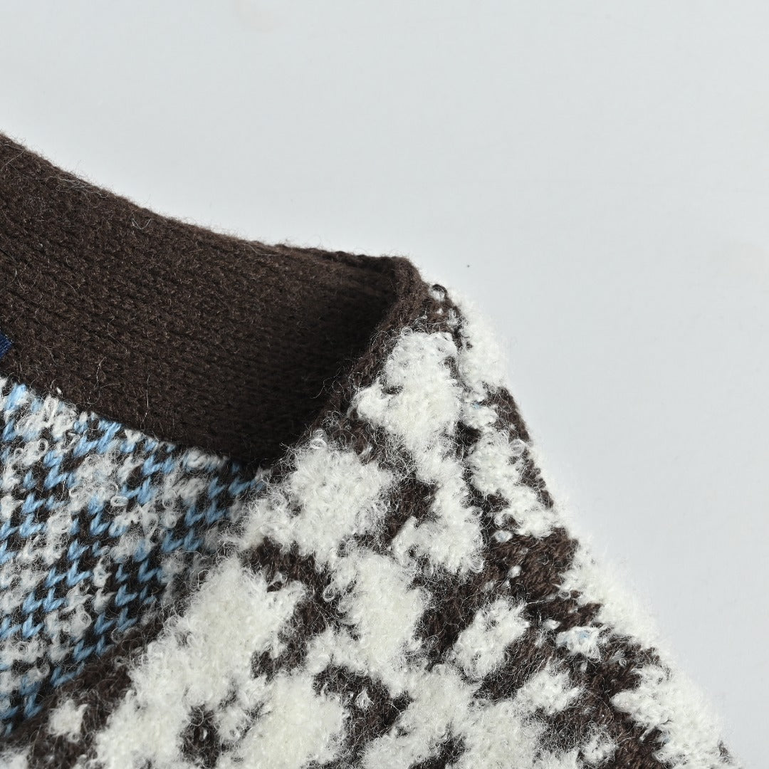 Louis Vuitton Black and White Houndstooth V-Neck Knit Cardigan