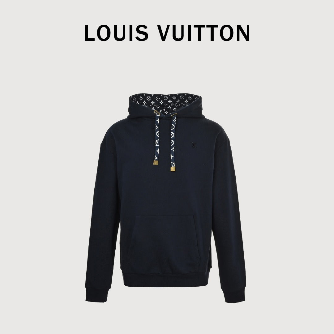 Louis Vuitton Black Hoodie with Monogram-Lined Hood and Drawstrings