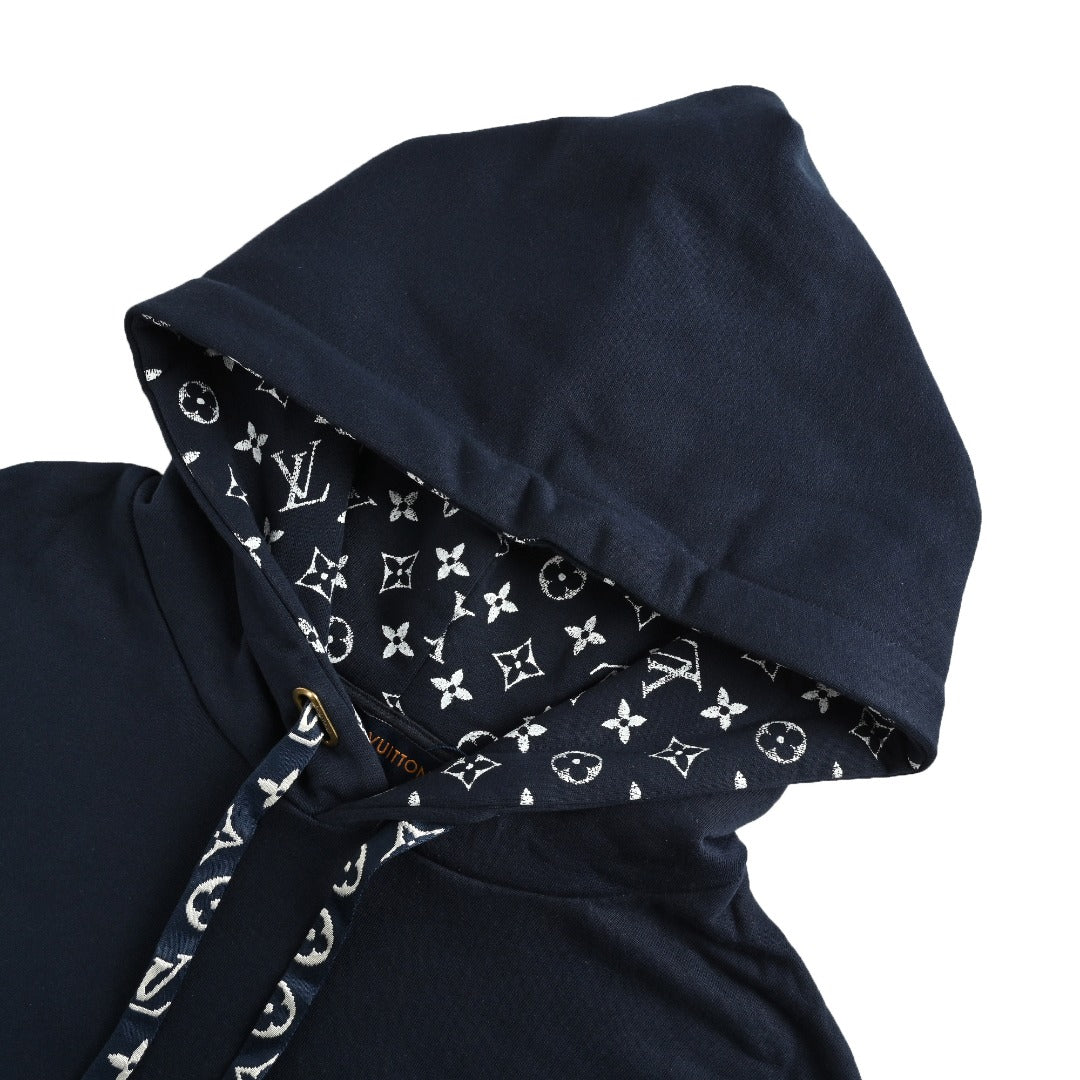 Louis Vuitton Black Hoodie with Monogram-Lined Hood and Drawstrings