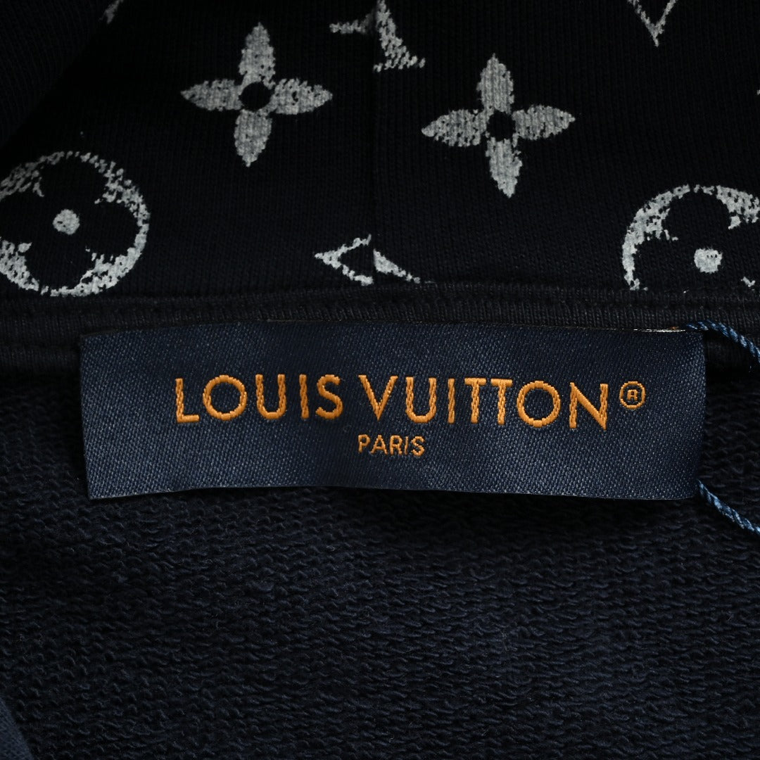 Louis Vuitton Black Hoodie with Monogram-Lined Hood and Drawstrings