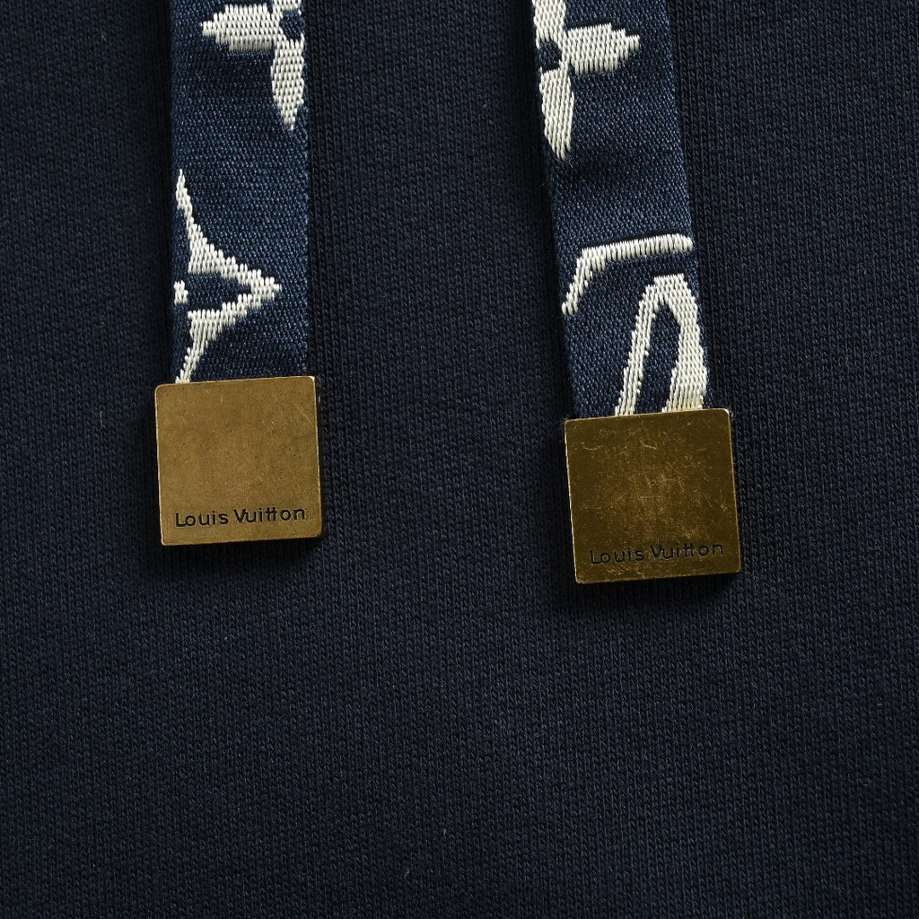 Louis Vuitton Black Hoodie with Monogram-Lined Hood and Drawstrings