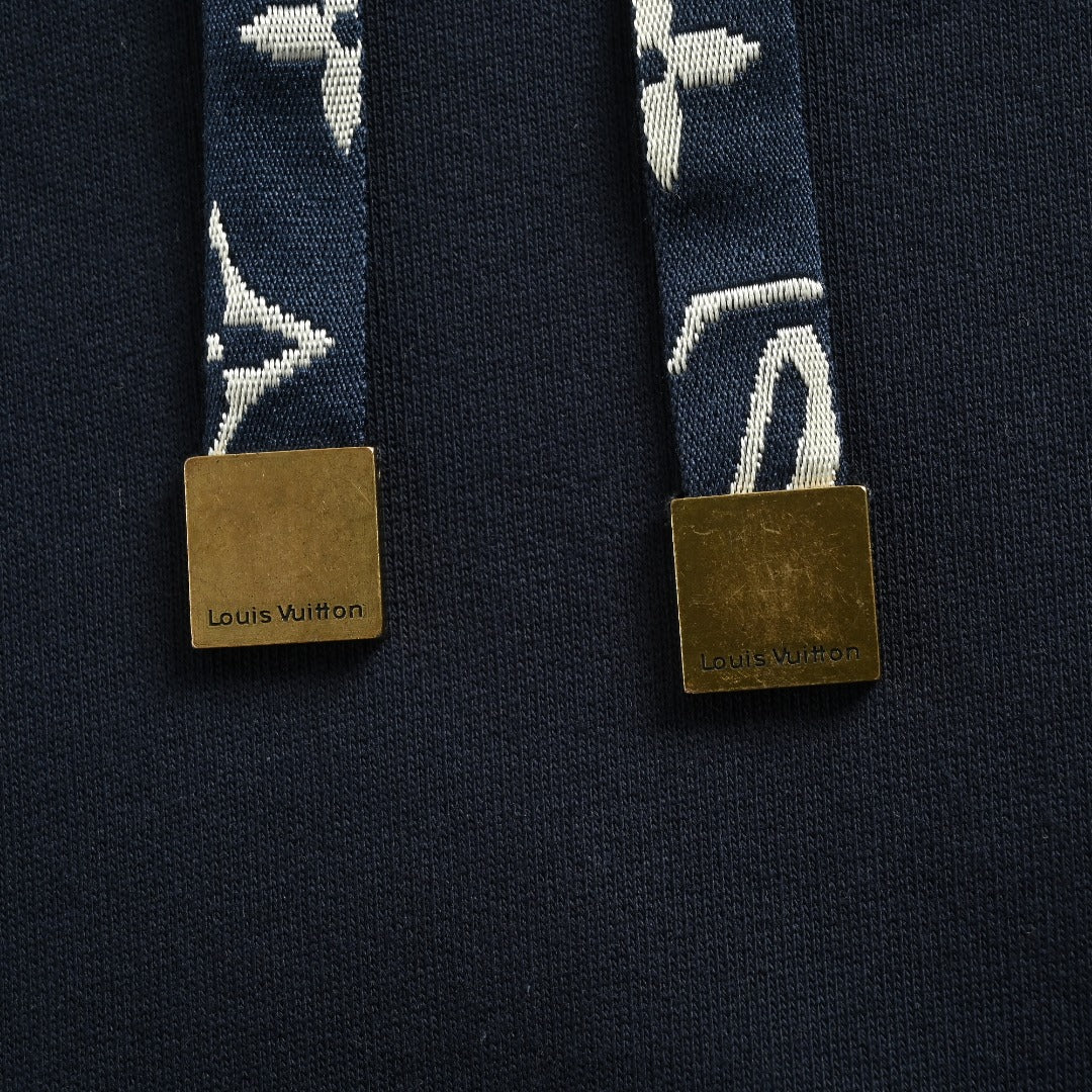 Louis Vuitton Black Hoodie with Monogram-Lined Hood and Drawstrings