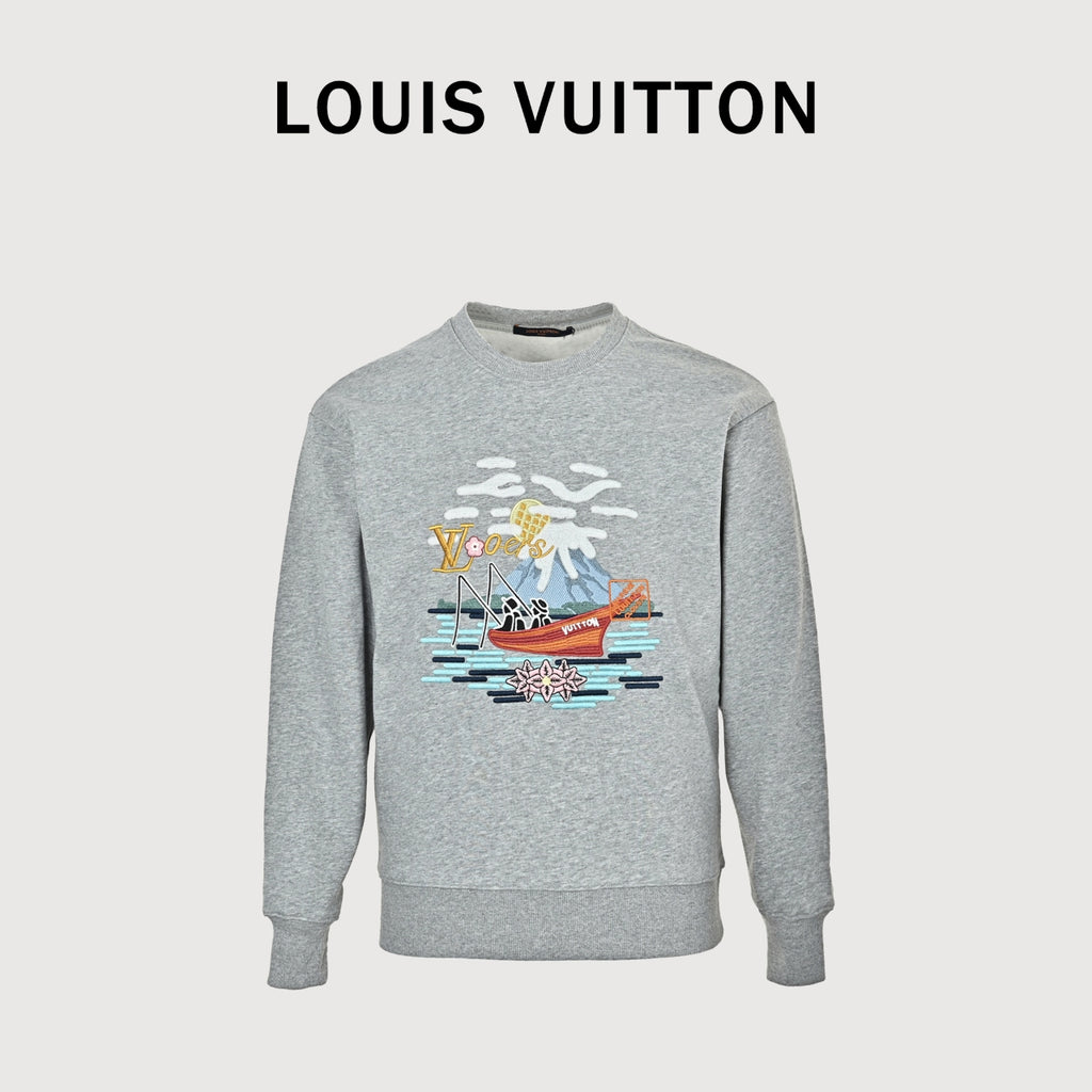 Louis Vuitton 2026 Spring/Summer Gray Crewneck Sweatshirt with Fishing Boat Embroidery