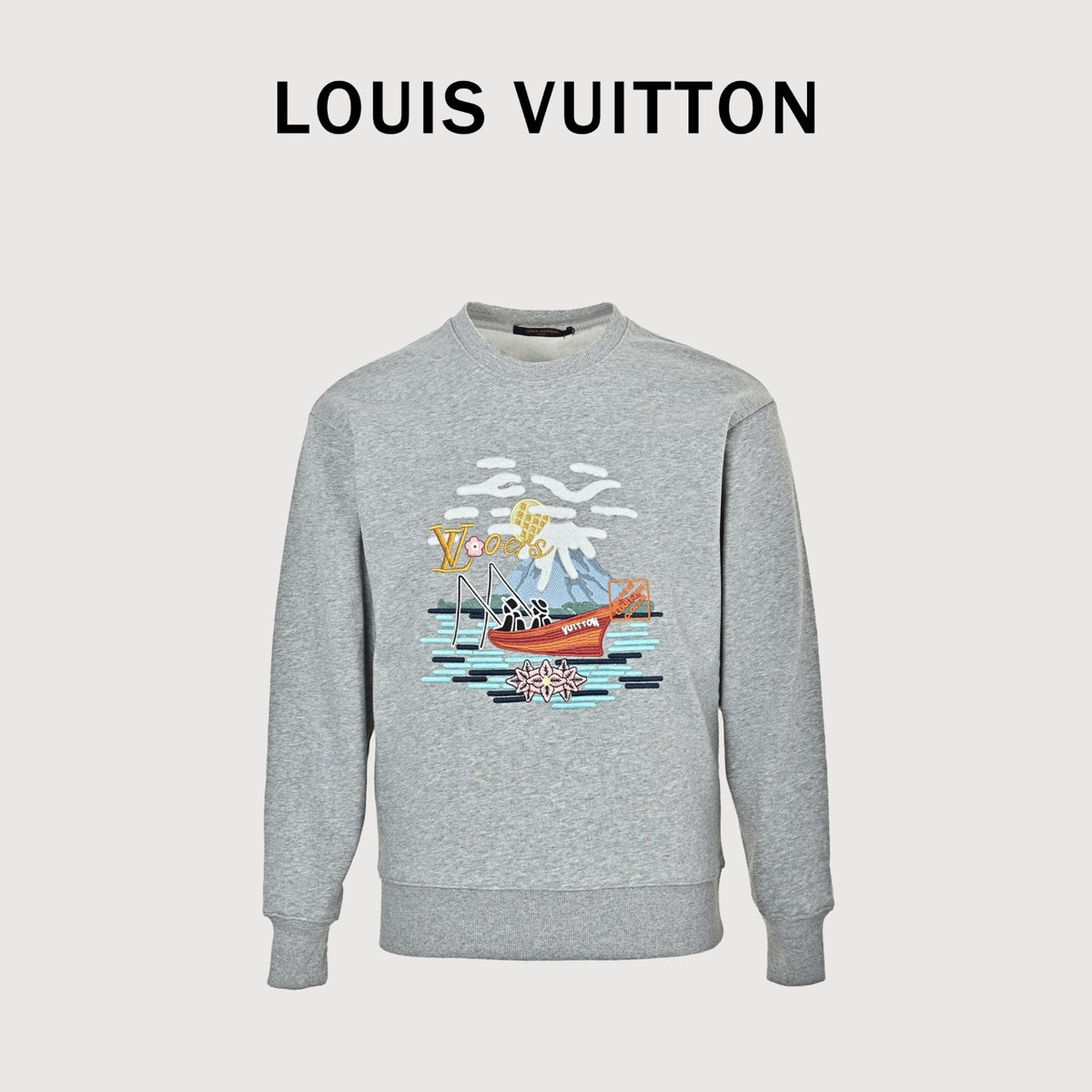 Louis Vuitton 2026 Spring/Summer Gray Crewneck Sweatshirt with Fishing Boat Embroidery