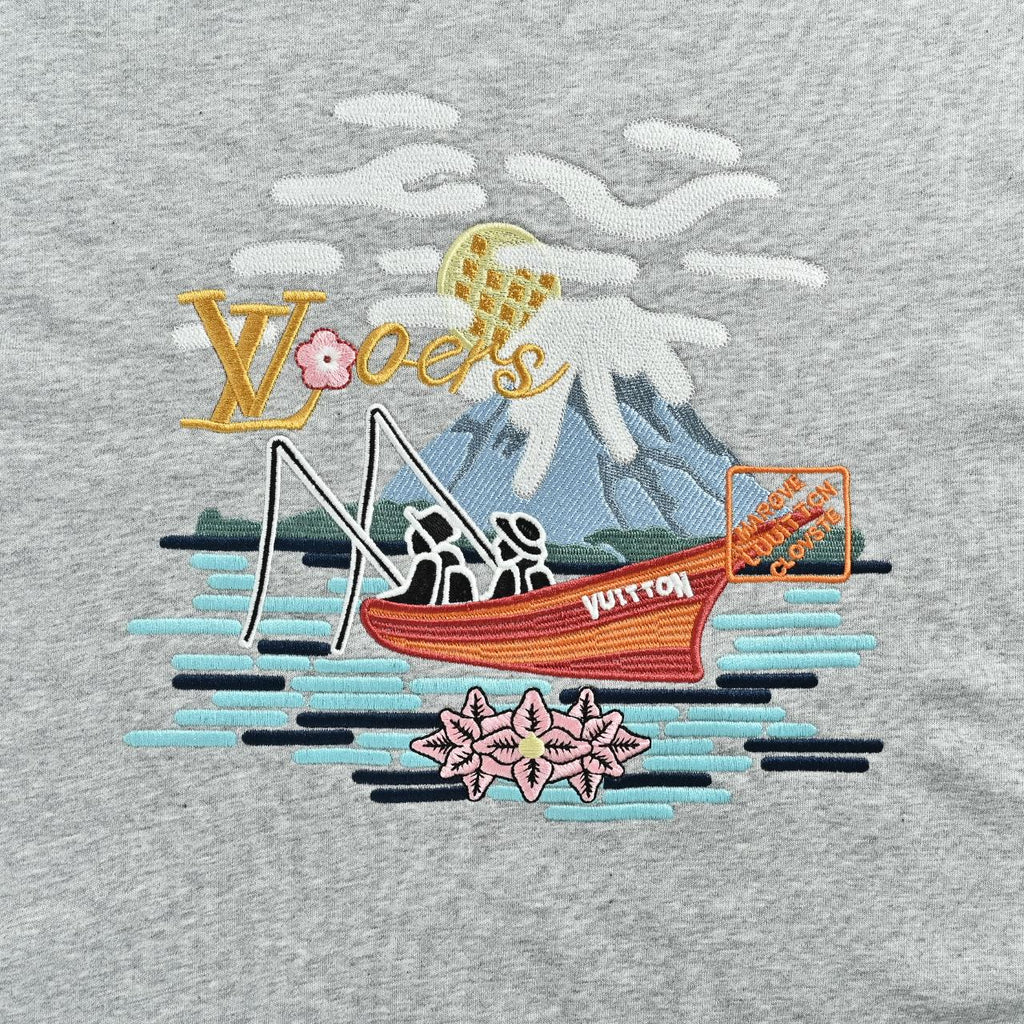 Louis Vuitton 2026 Spring/Summer Gray Crewneck Sweatshirt with Fishing Boat Embroidery