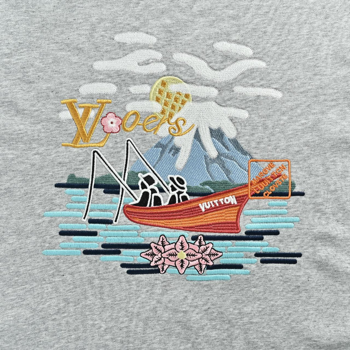 Louis Vuitton 2026 Spring/Summer Gray Crewneck Sweatshirt with Fishing Boat Embroidery