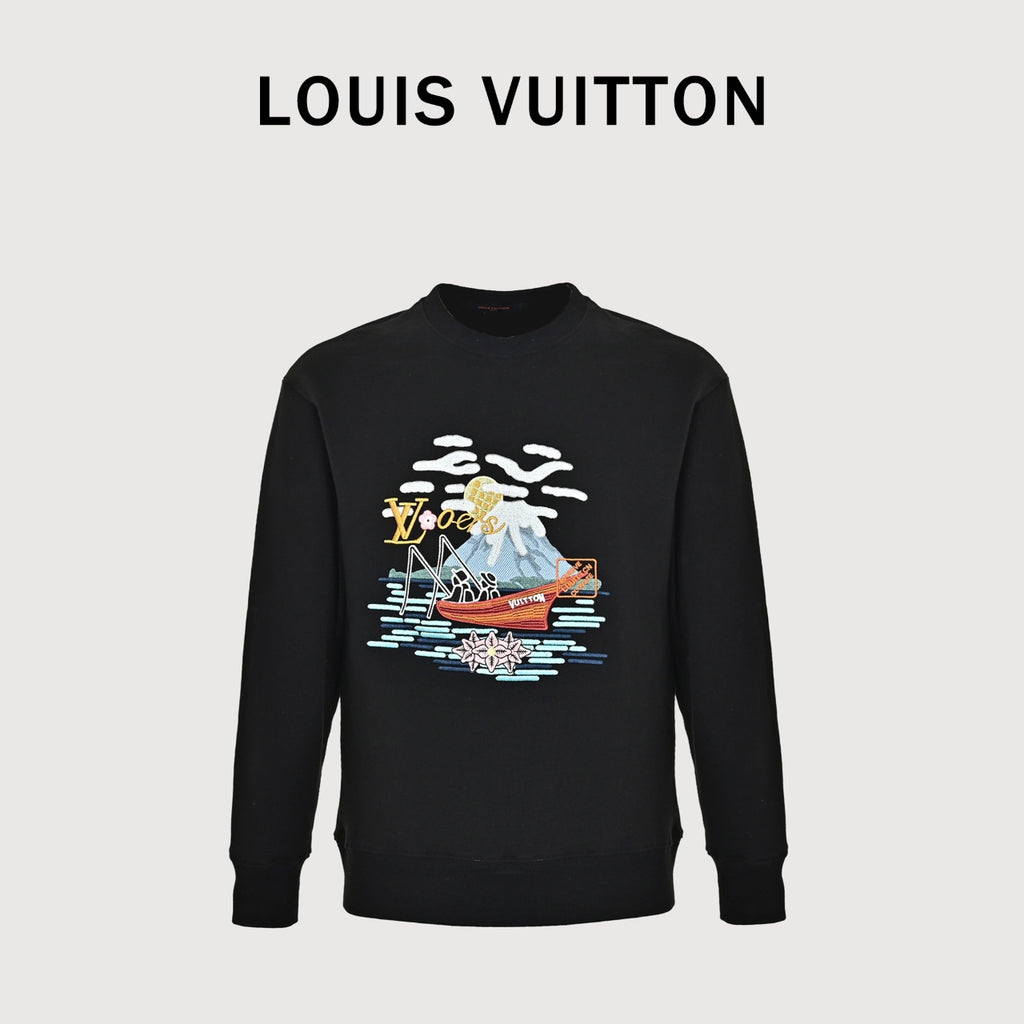 Louis Vuitton 2026 Spring/Summer Black Crewneck Sweatshirt with Fishing Boat Embroidery