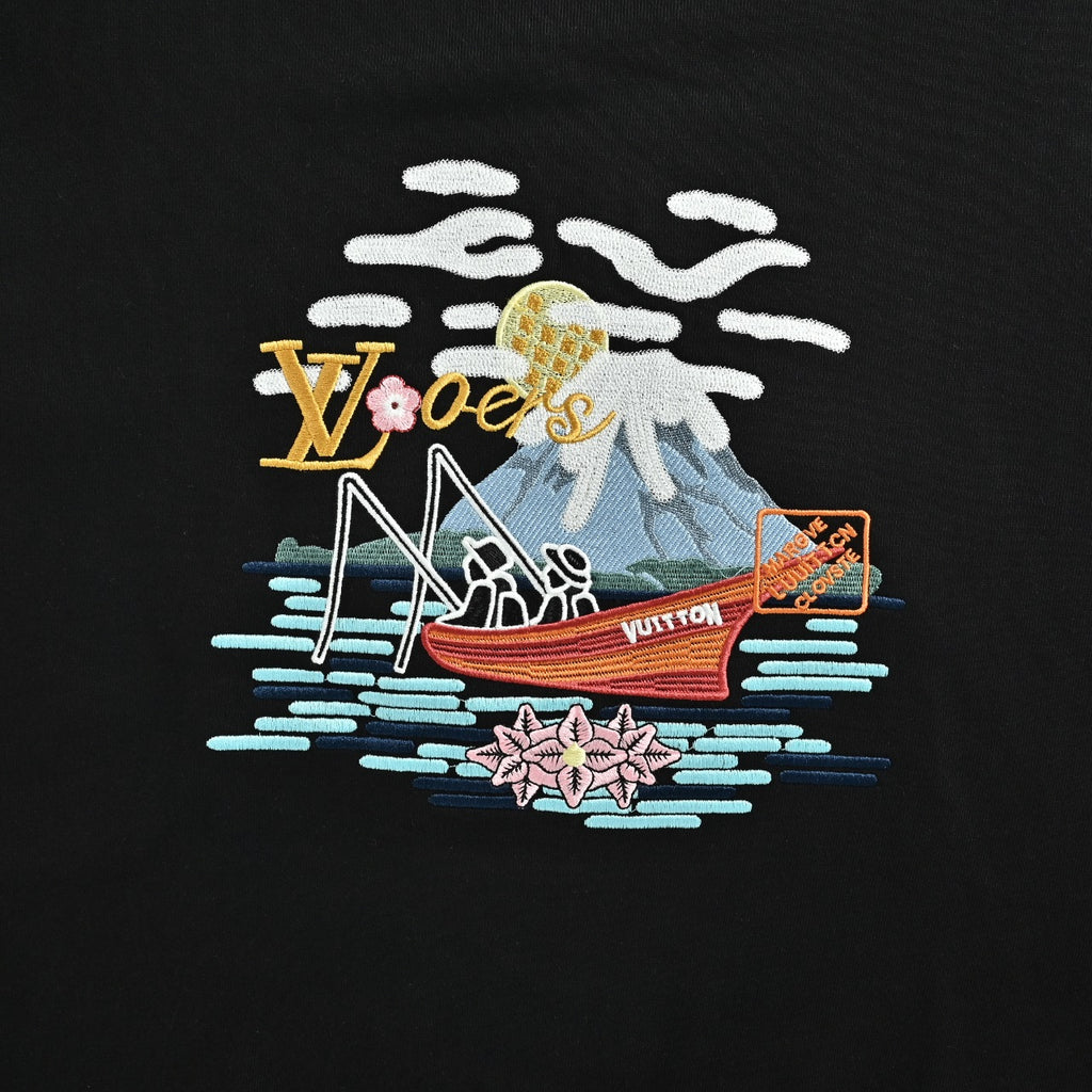 Louis Vuitton 2026 Spring/Summer Black Crewneck Sweatshirt with Fishing Boat Embroidery