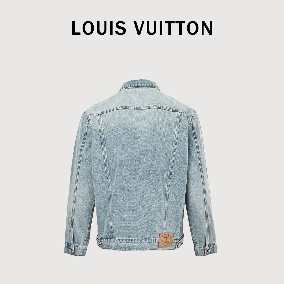 Louis Vuitton CVD Light-Wash Denim Skate Jacket with Hardware and Leather Details