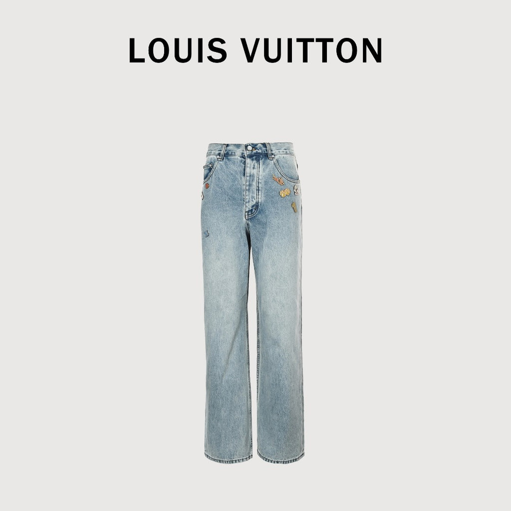 Louis Vuitton CVD Light-Wash Denim Skate Jeans with Hardware and Leather Details