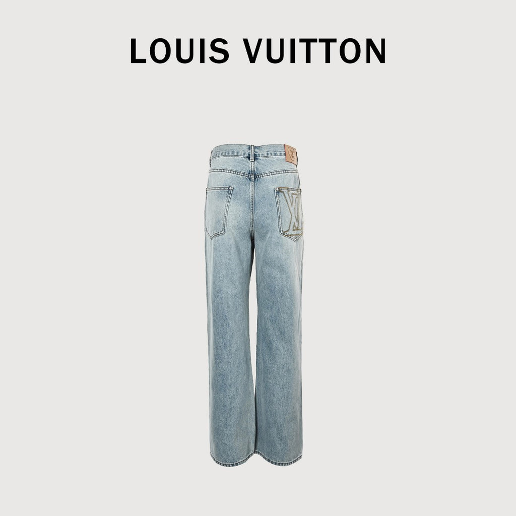 Louis Vuitton CVD Light-Wash Denim Skate Jeans with Hardware and Leather Details