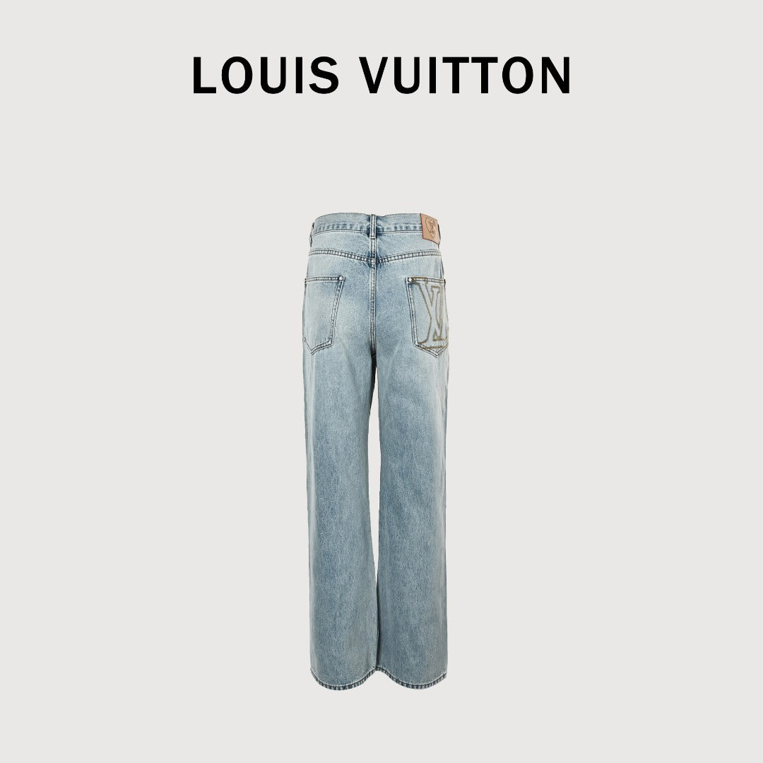 Louis Vuitton CVD Light-Wash Denim Skate Jeans with Hardware and Leather Details