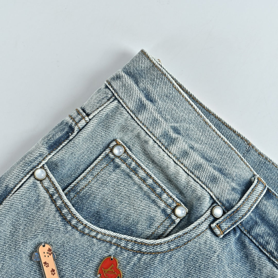 Louis Vuitton CVD Light-Wash Denim Skate Jeans with Hardware and Leather Details