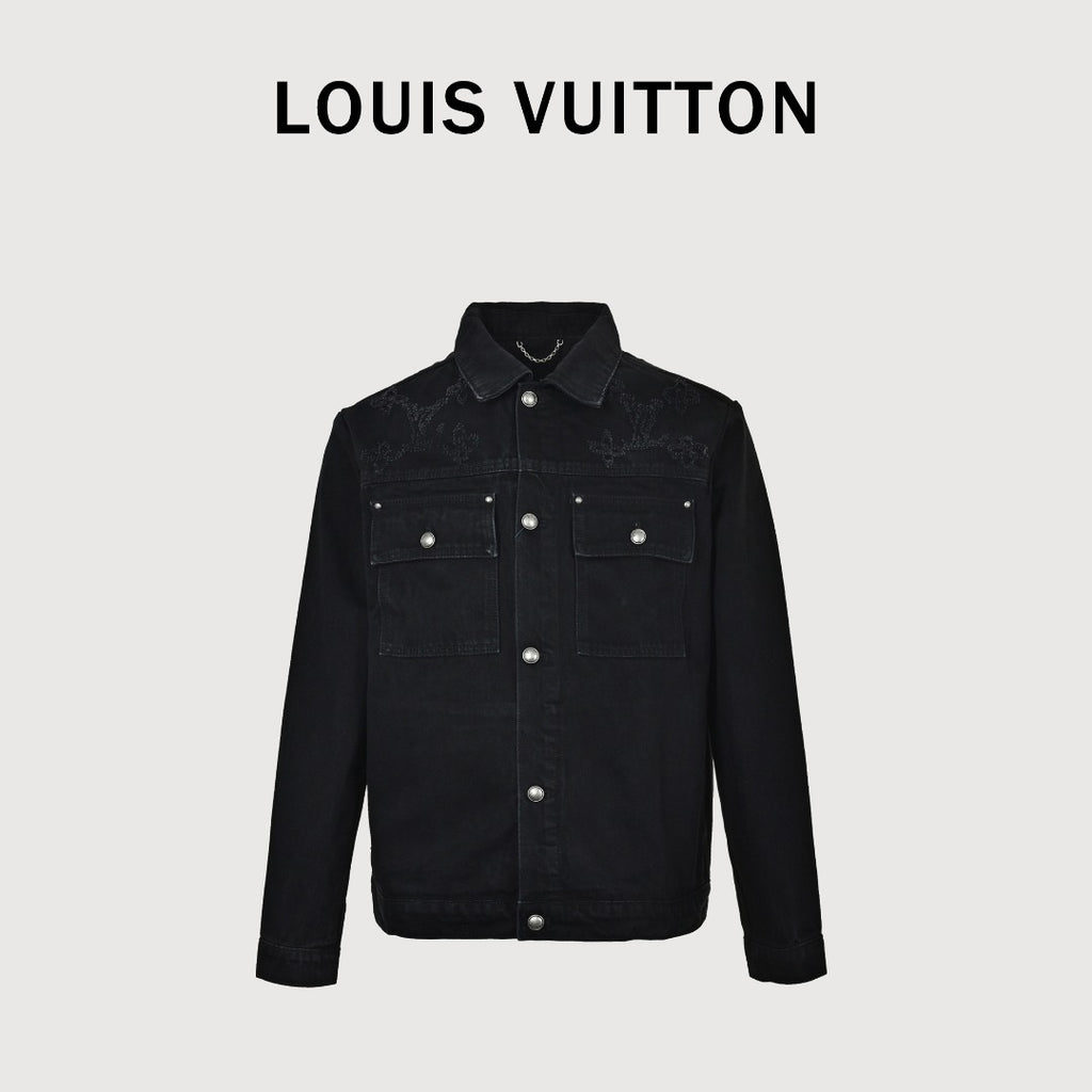 Louis Vuitton 2026 Spring/Summer Black Denim Jacket with Distressed Logo Embroidery