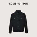Louis Vuitton 2026 Spring/Summer Black Denim Jacket with Distressed Logo Embroidery