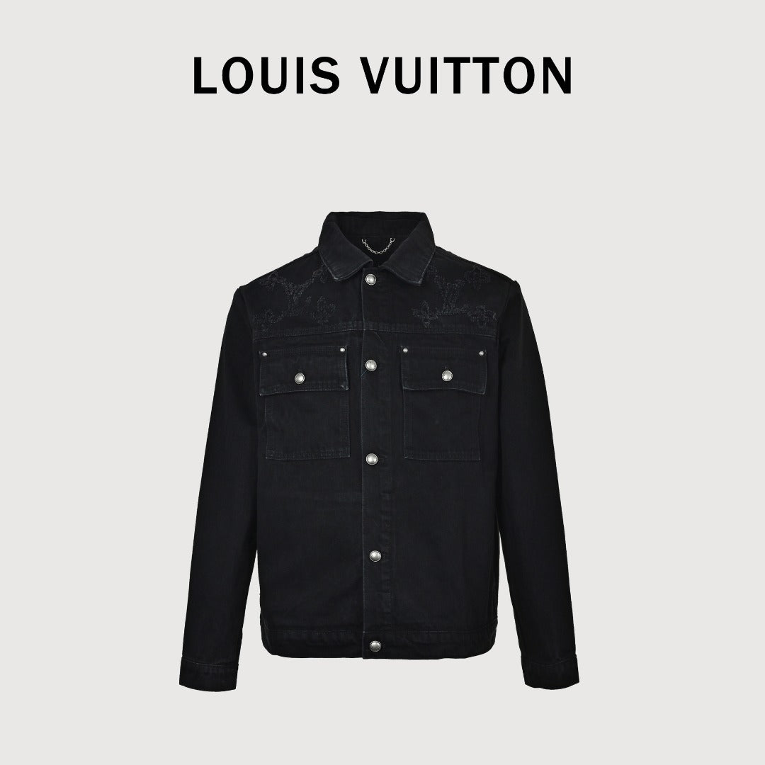 Louis Vuitton 2026 Spring/Summer Black Denim Jacket with Distressed Logo Embroidery