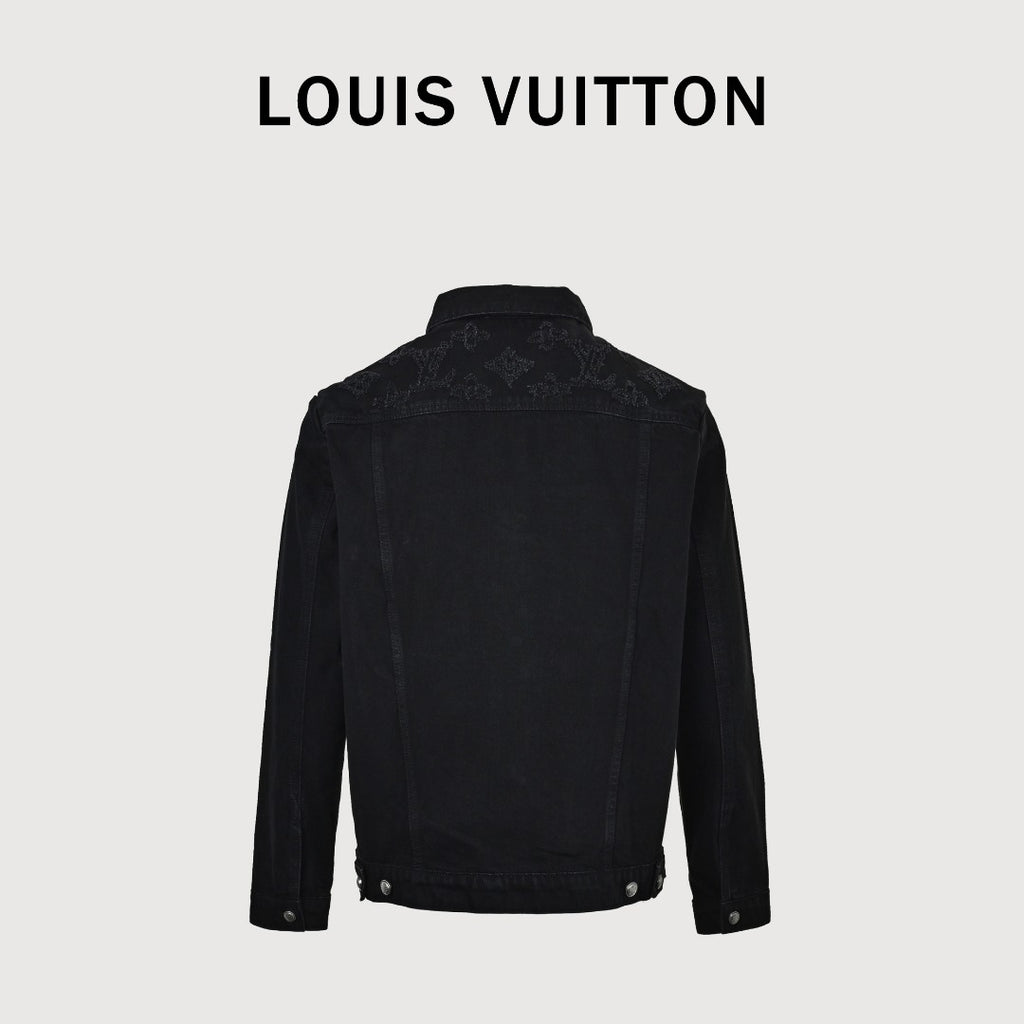 Louis Vuitton 2026 Spring/Summer Black Denim Jacket with Distressed Logo Embroidery