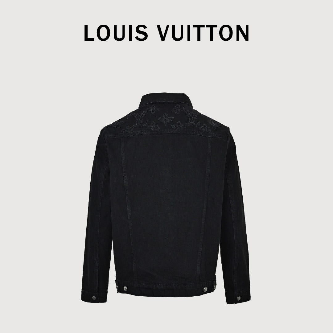 Louis Vuitton 2026 Spring/Summer Black Denim Jacket with Distressed Logo Embroidery