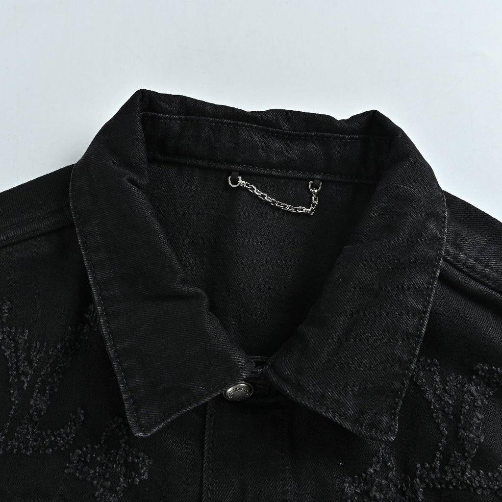 Louis Vuitton 2026 Spring/Summer Black Denim Jacket with Distressed Logo Embroidery