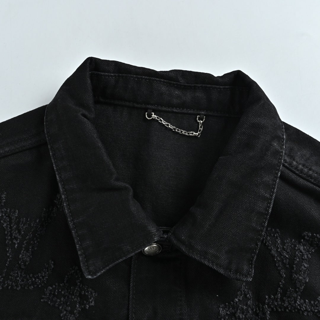 Louis Vuitton 2026 Spring/Summer Black Denim Jacket with Distressed Logo Embroidery