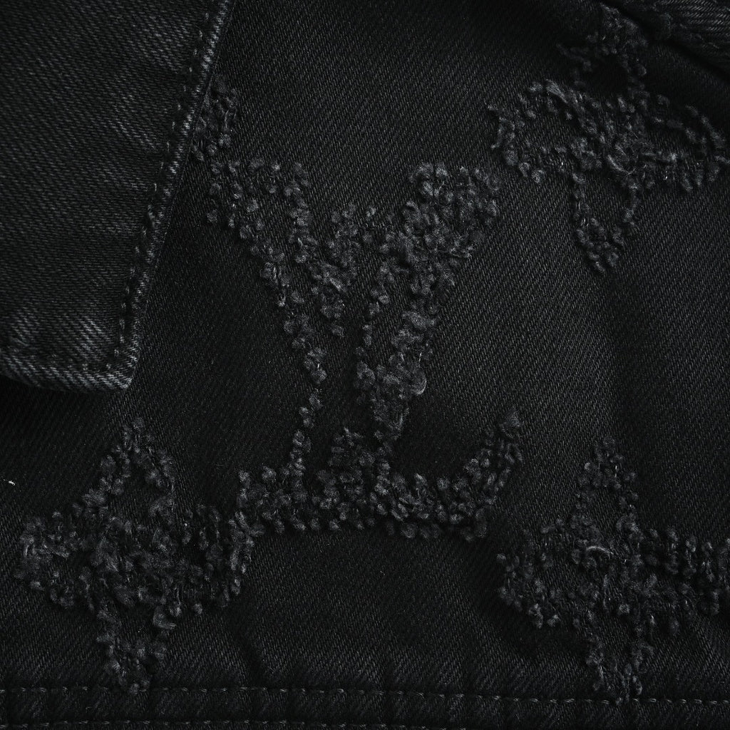 Louis Vuitton 2026 Spring/Summer Black Denim Jacket with Distressed Logo Embroidery