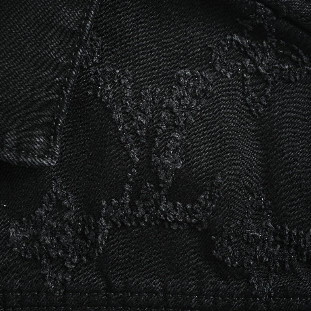 Louis Vuitton 2026 Spring/Summer Black Denim Jacket with Distressed Logo Embroidery