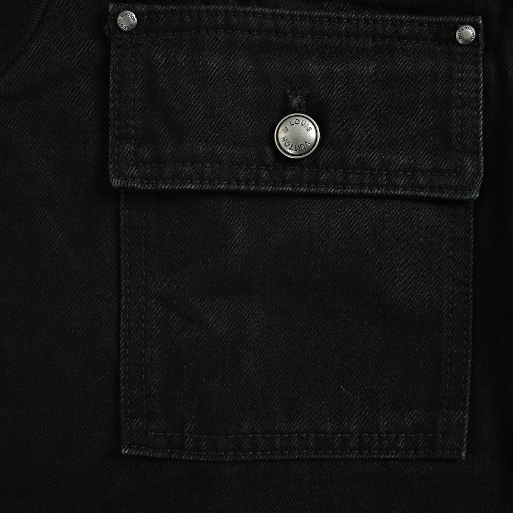 Louis Vuitton 2026 Spring/Summer Black Denim Jacket with Distressed Logo Embroidery