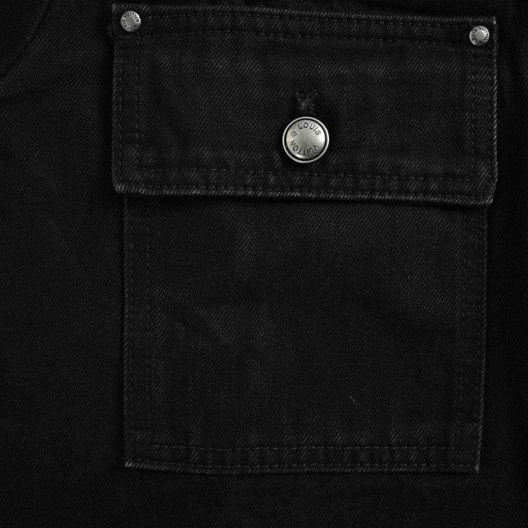 Louis Vuitton 2026 Spring/Summer Black Denim Jacket with Distressed Logo Embroidery