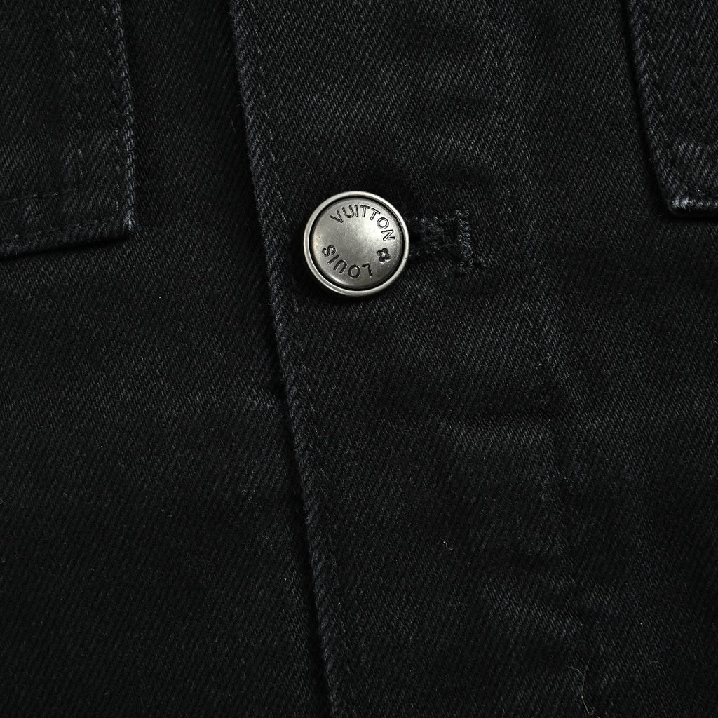 Louis Vuitton 2026 Spring/Summer Black Denim Jacket with Distressed Logo Embroidery