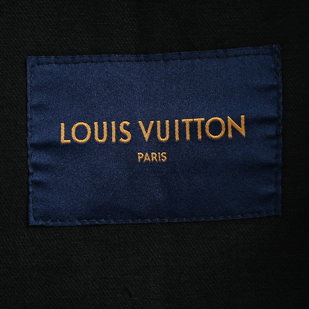 Louis Vuitton 2026 Spring/Summer Black Denim Jacket with Distressed Logo Embroidery