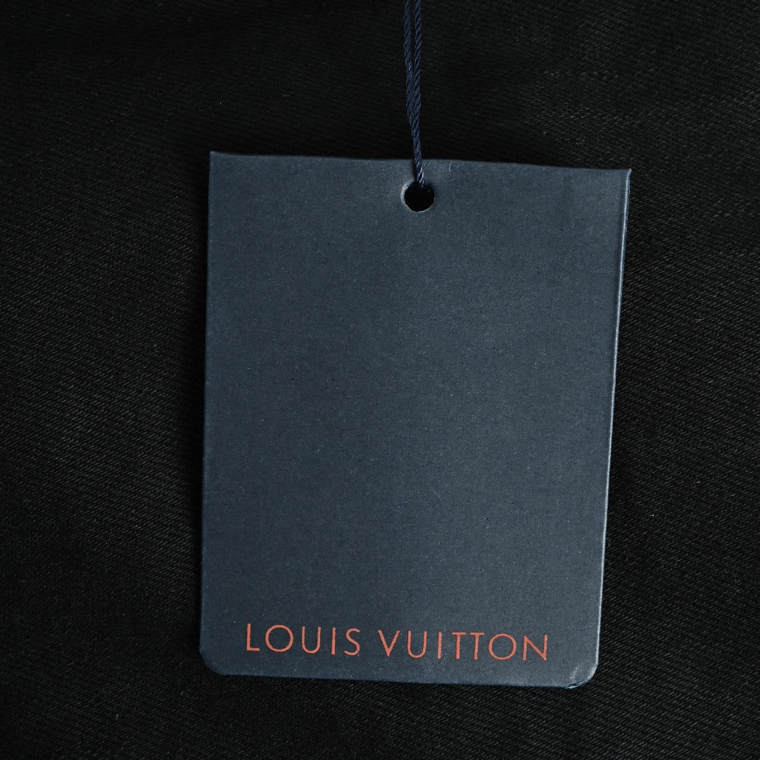 Louis Vuitton 2026 Spring/Summer Black Denim Jacket with Distressed Logo Embroidery