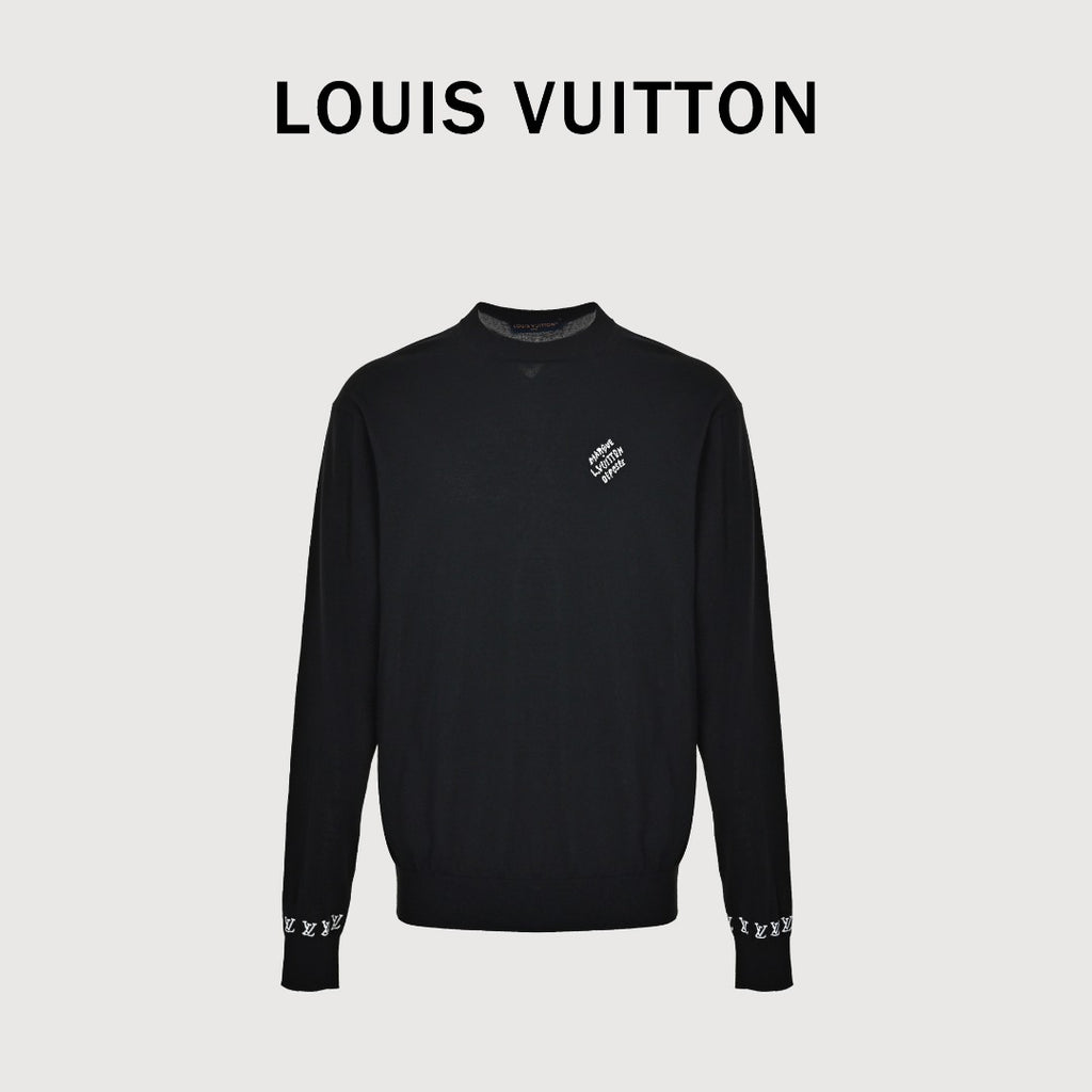 Louis Vuitton Black Cotton Crewneck Sweater with Logo Cuffs