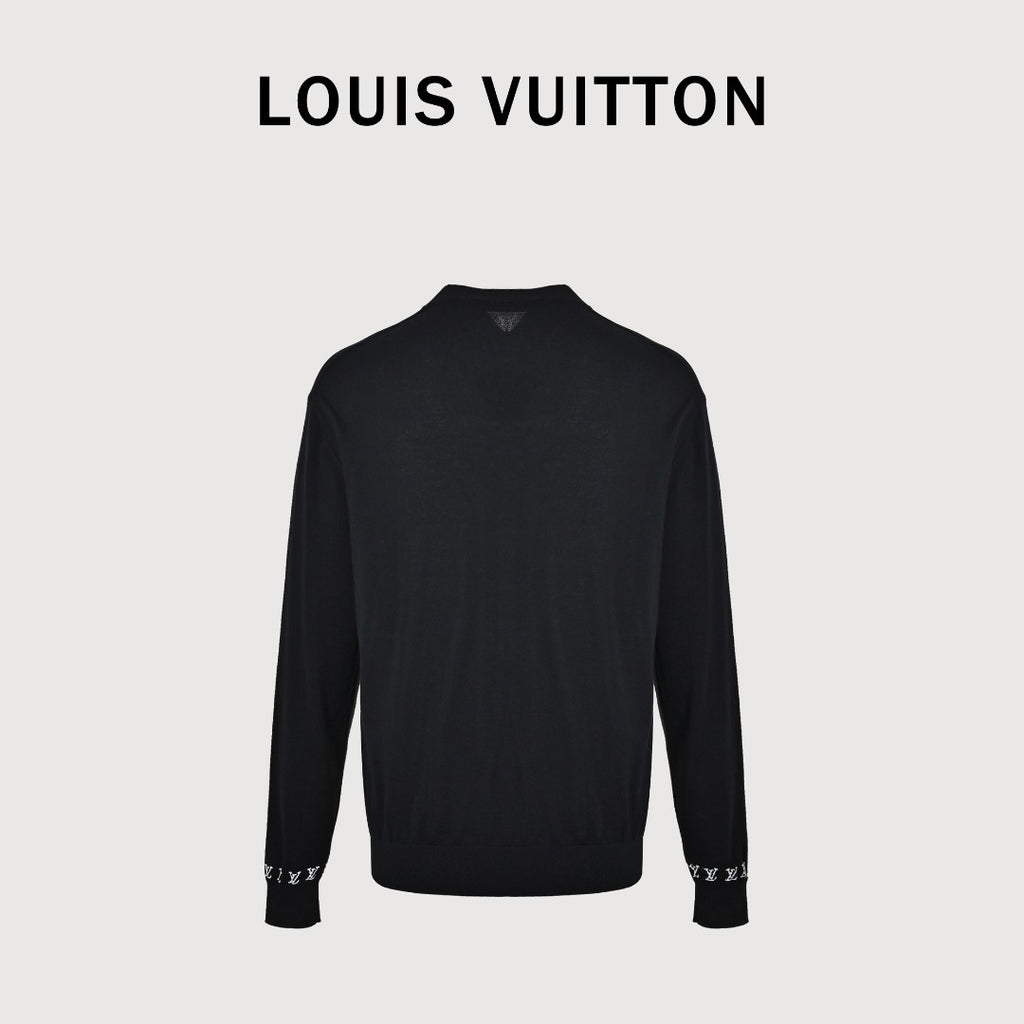 Louis Vuitton Black Cotton Crewneck Sweater with Logo Cuffs