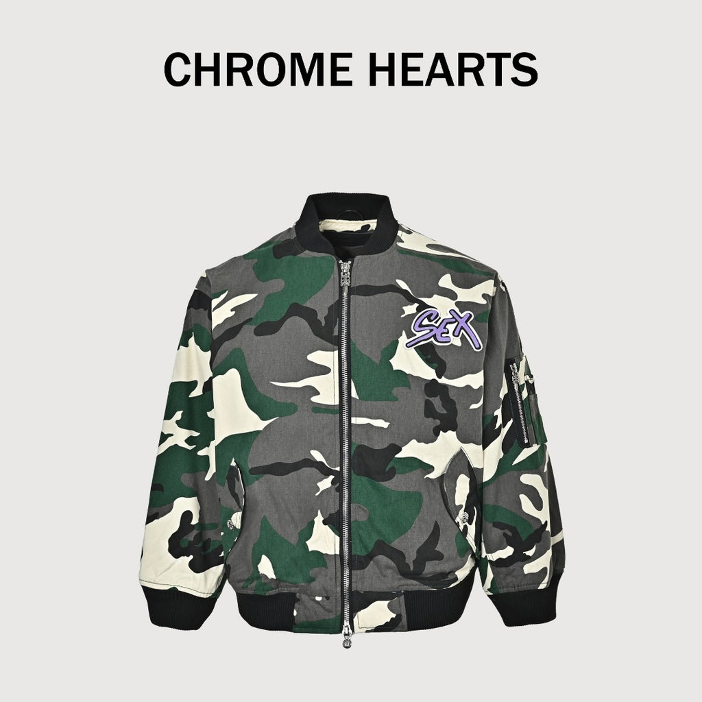 Chrome Hearts Green Camo Graphic Zip-Up Bomber Jacket