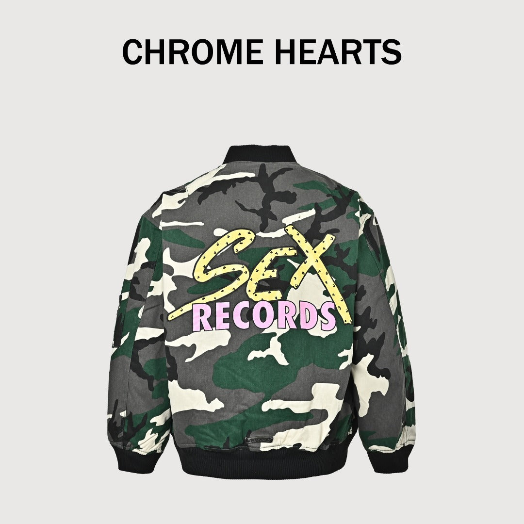 Chrome Hearts Green Camo Graphic Zip-Up Bomber Jacket