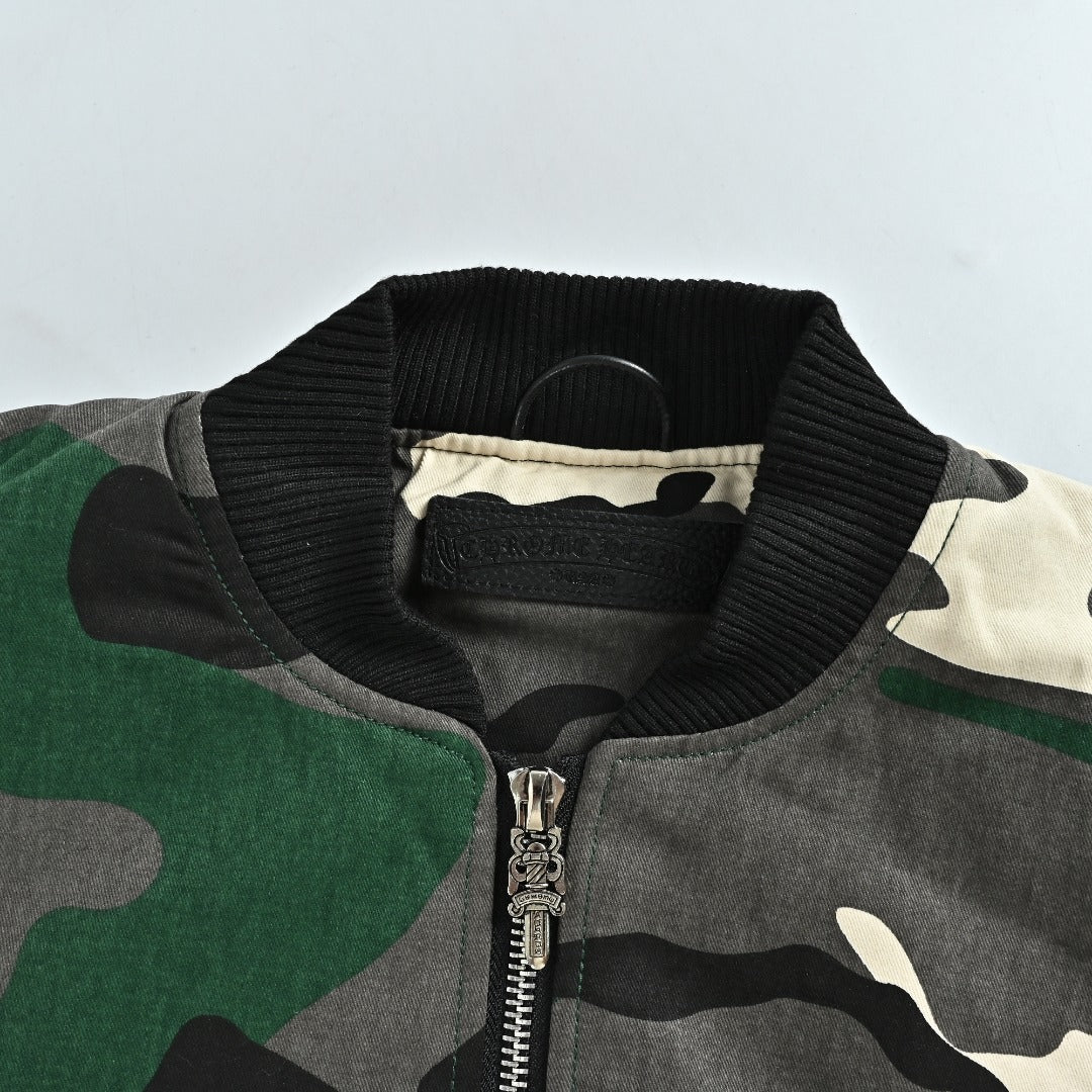 Chrome Hearts Green Camo Graphic Zip-Up Bomber Jacket