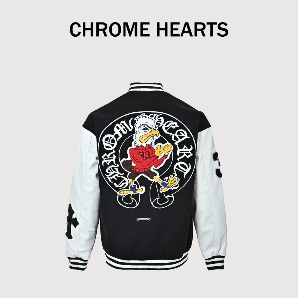 Chrome Hearts Black and White Duck Graphic Varsity Jacket