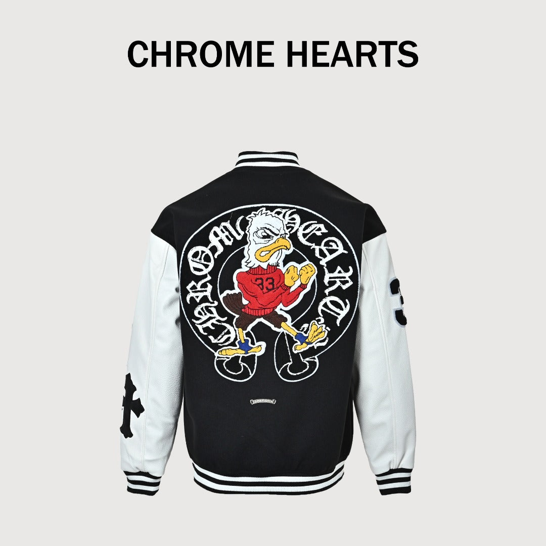 Chrome Hearts Black and White Duck Graphic Varsity Jacket