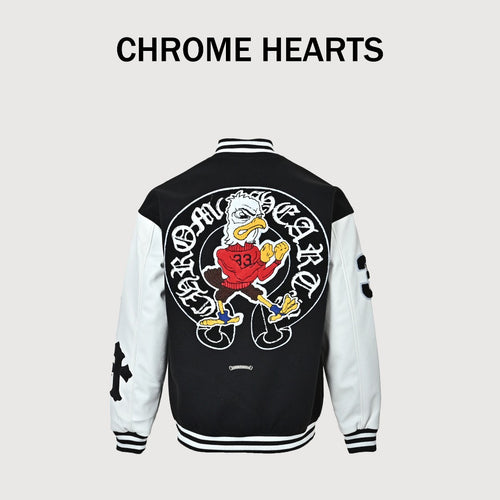 Chrome Hearts Black and White Duck Graphic Varsity Jacket