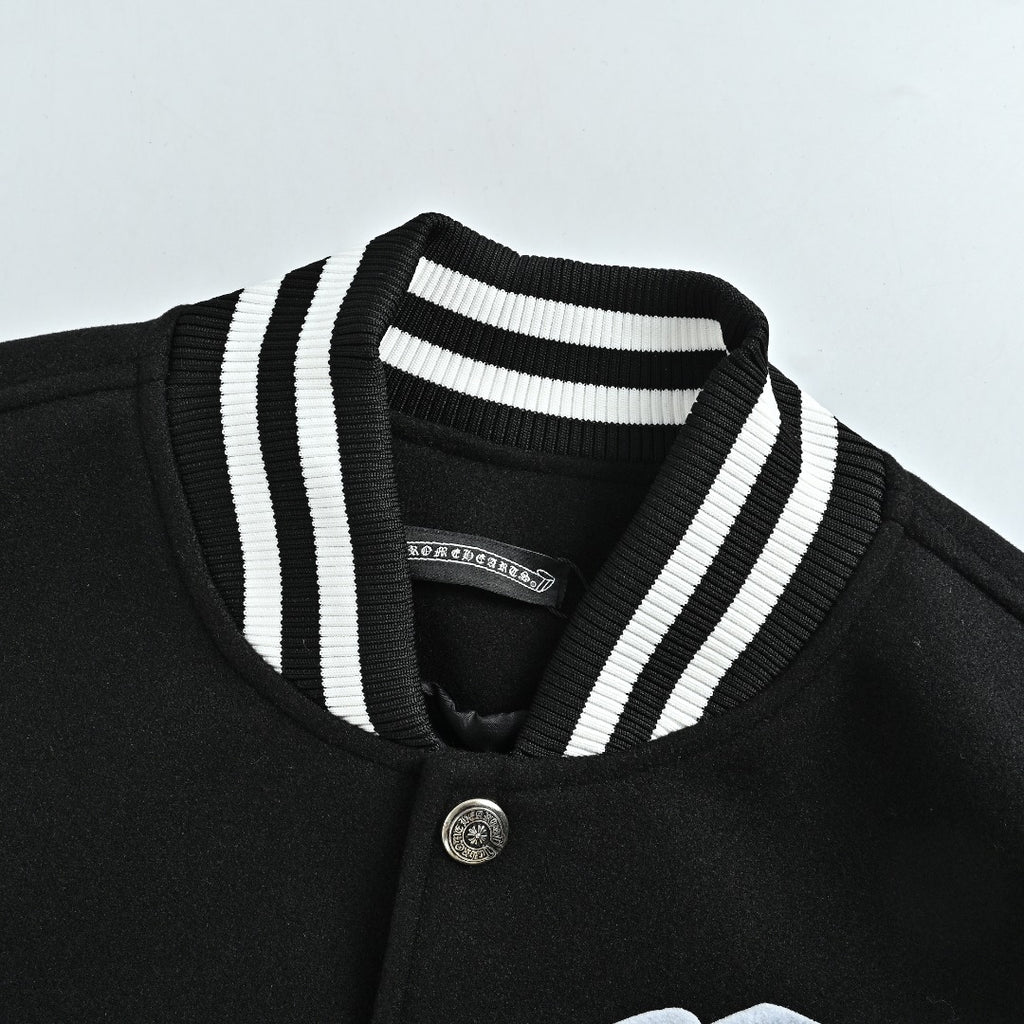 Chrome Hearts Black and White Duck Graphic Varsity Jacket
