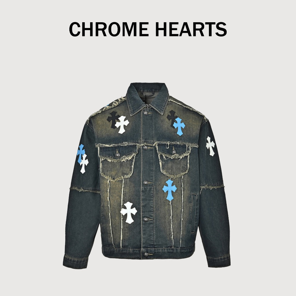 Chrome Hearts Distressed Cross Motif Denim Jacket