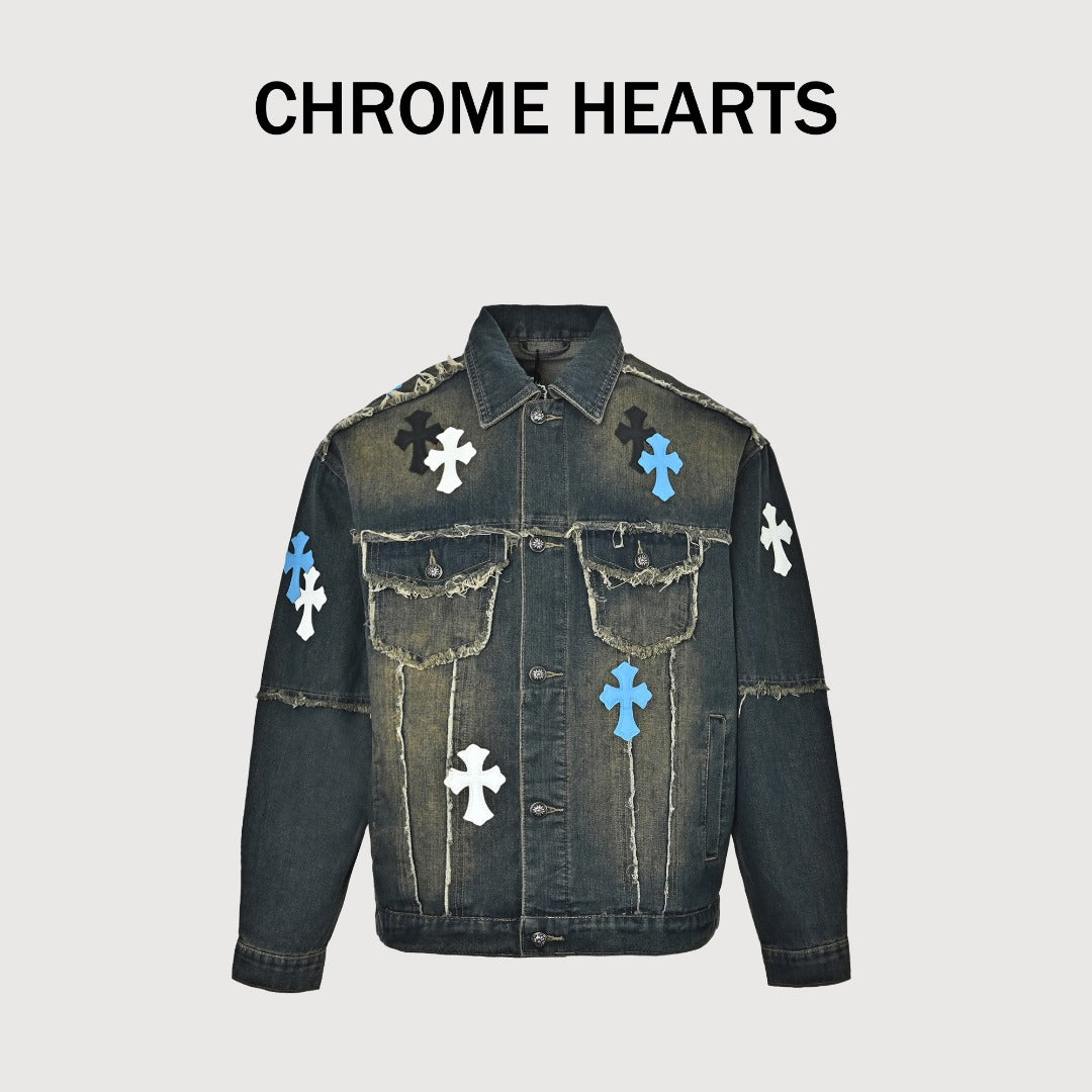 Chrome Hearts Distressed Cross Motif Denim Jacket