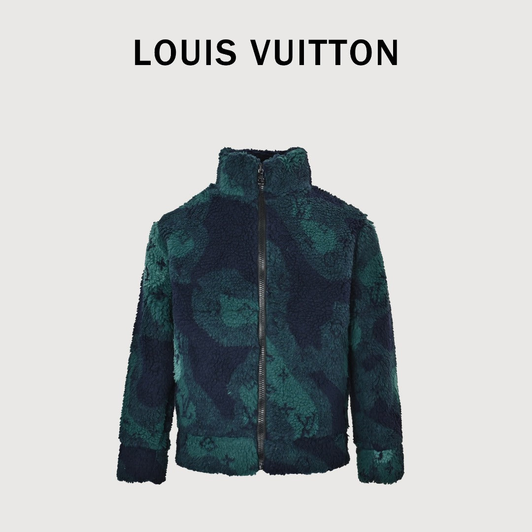 Louis Vuitton Dark Green Patterned Zip-Up Teddy Jacket